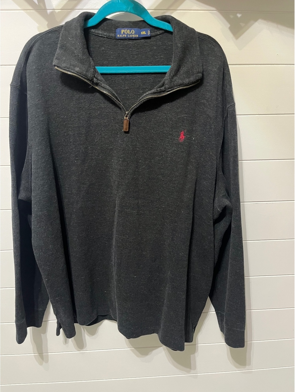 Polo Ralph Lauren Men's XXL Charcoal Gray Quarter-Zip Sweater with Red Logo